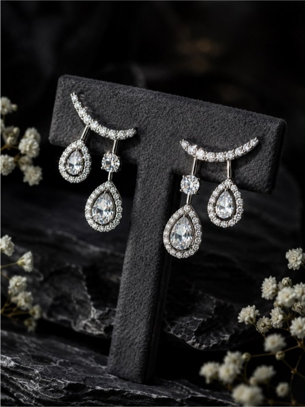 Silver Teardrop Crystal Dangle Earrings - Silver